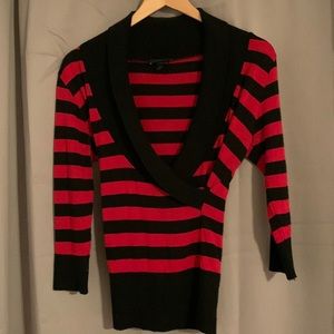 Red and black striped top, 3/4 sleeves, cross wrap front design.